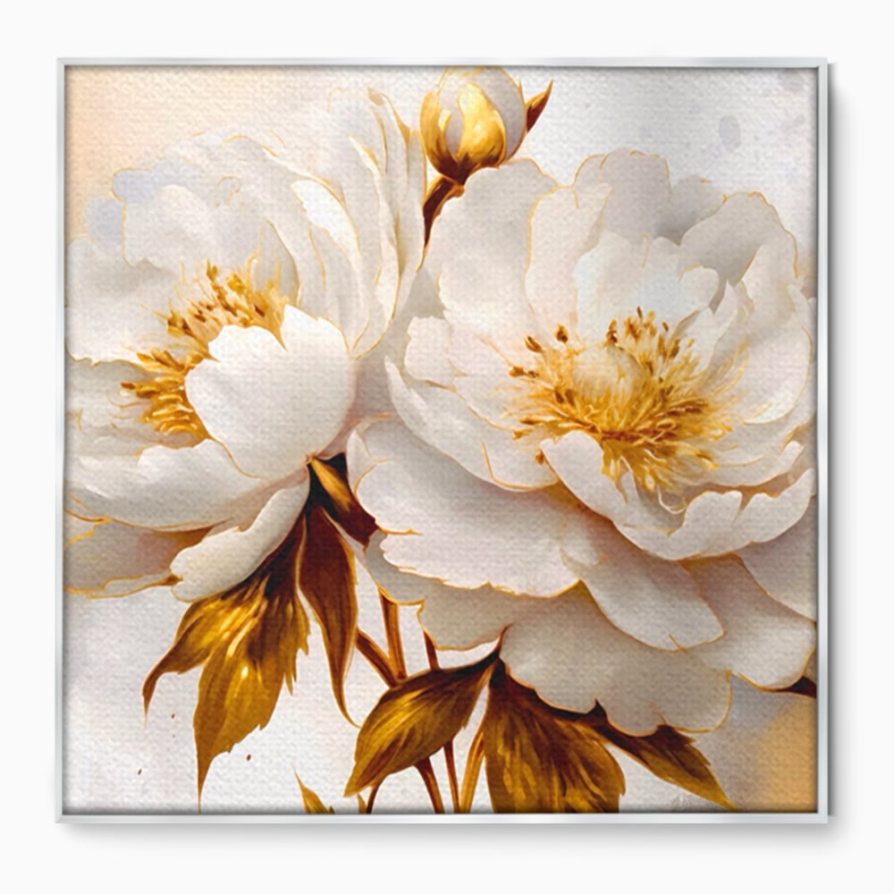 Tablou canvas cu tablou canvas cu bujori albi si frunze aurii, in rama de aluminiu argintiu